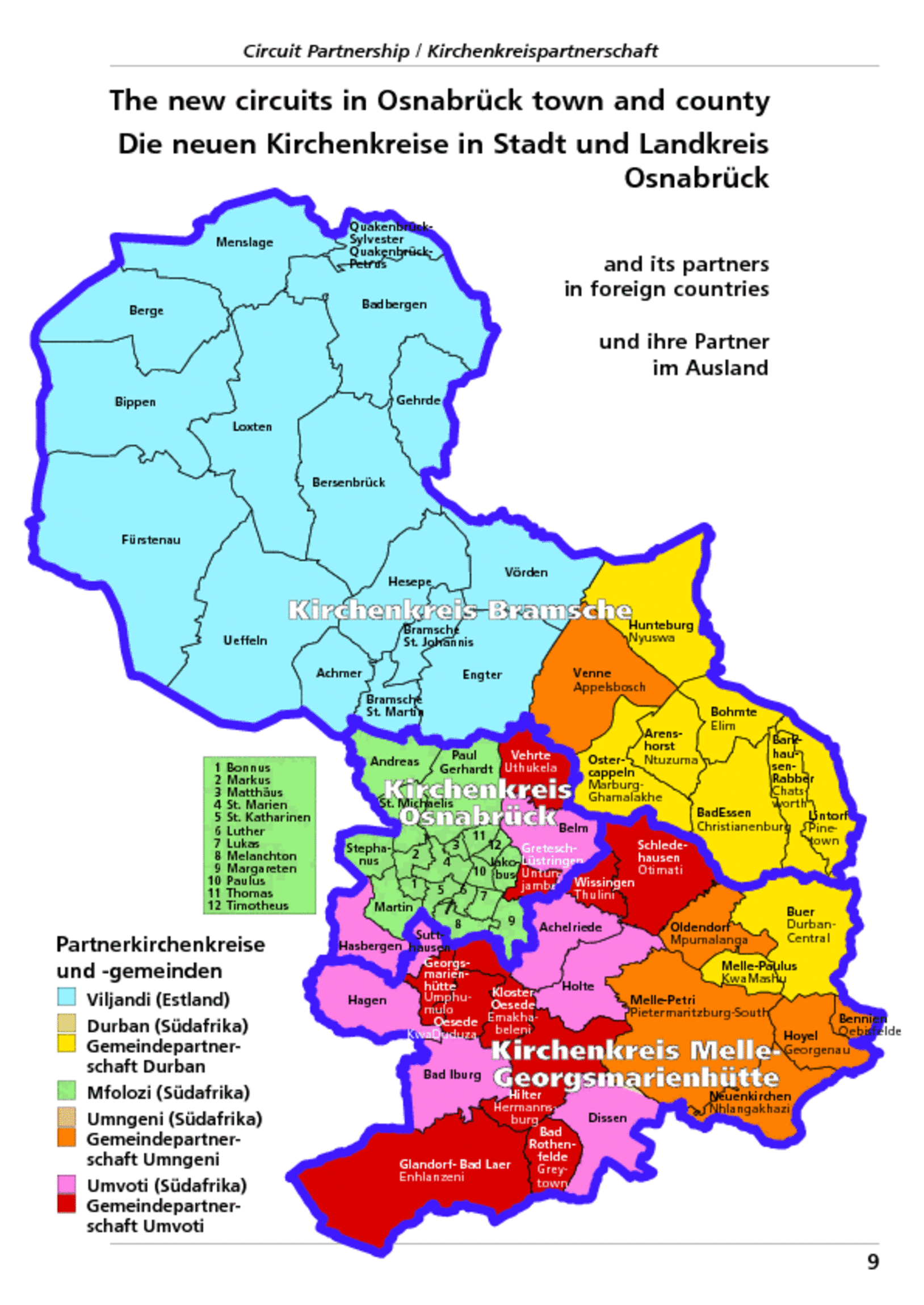 Karte von den Kirchenkreise in der Region Osnabrück mit den Partnergemeinden in Südafrika