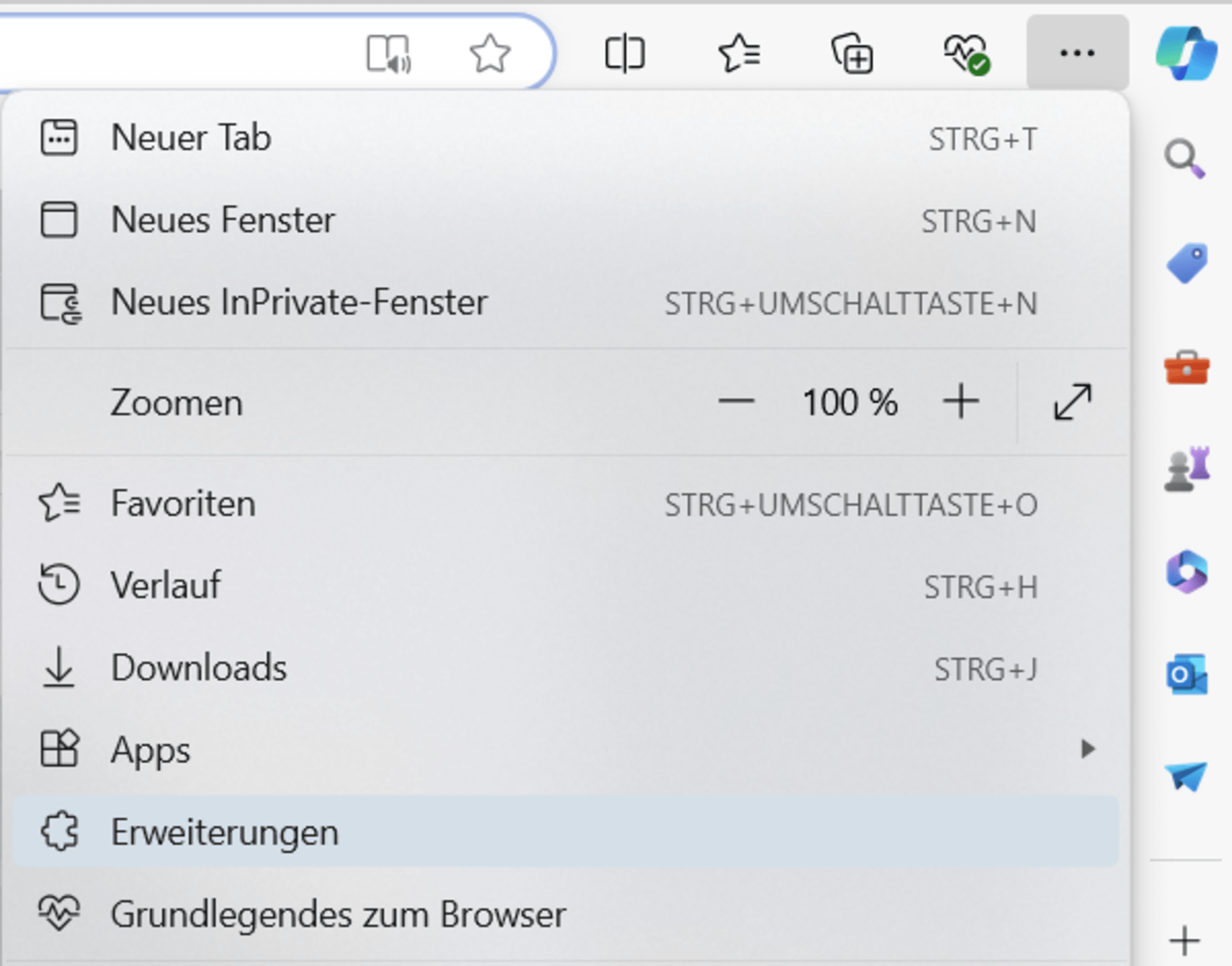 Edge Erweiterung Menü