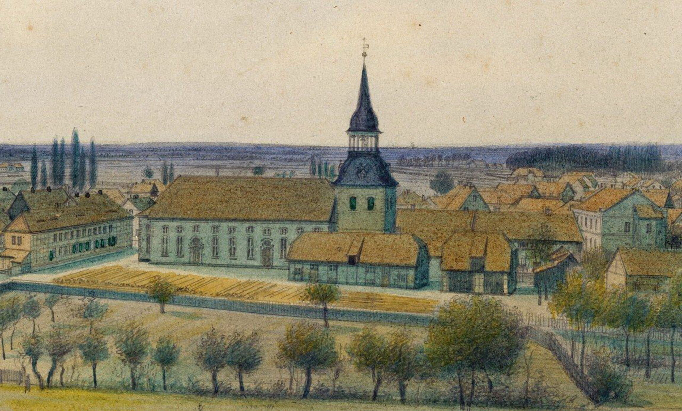 Blick vom Schloß auf Kirche um 1865