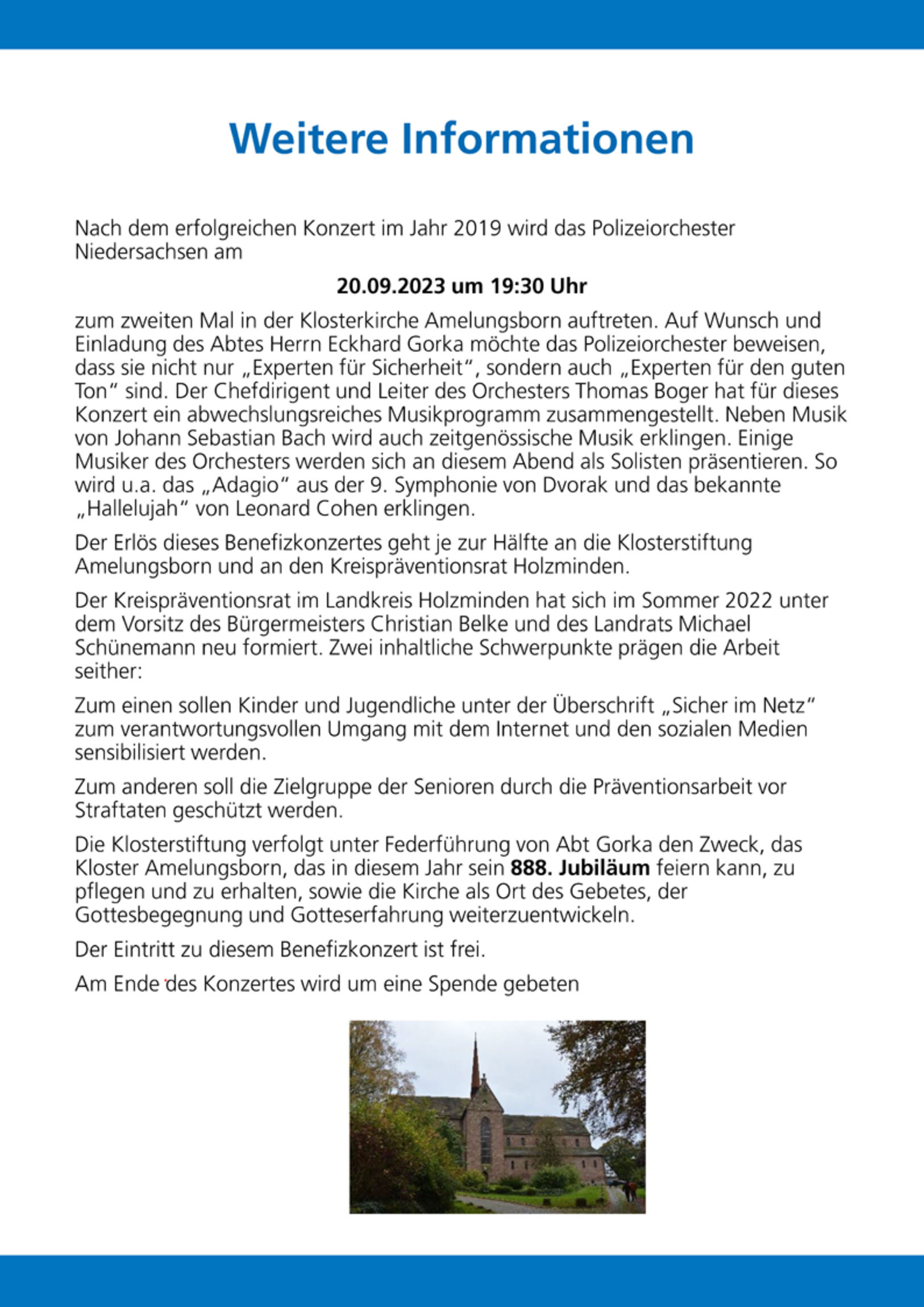 Zusatzinformation zum Konzert am 20. September 2023 in Amelungsborn